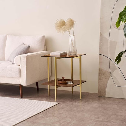 LumFurn Glass End Table, Mid-Century Modern Design Sofa Table, L18 x W18 x H23, for Living Room, 2-Tier Structure, Amber Glass Top and Walnut MDF Shelf, Sleek Conical Metal Legs with Gold Finish Frame