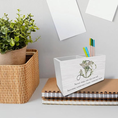 Inspirational Nurse Pen Holder for Desk, Never Stop Positive Medical Wooden Box Sign Desk Decor for Nursing Office School Decoration, Nurse Appreciation Gifts Pencil Organizer