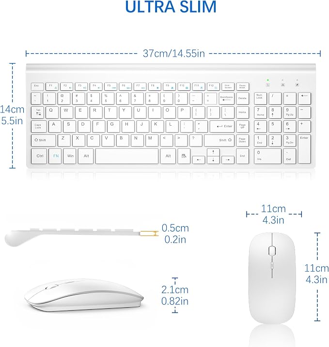 Wireless Keyboard and Mouse Ultra Slim Combo, TopMate 2.4G Silent Compact USB 2400DPI Mouse and Scissor Switch Keyboard Set with Cover, Batteries Included, for PC/Laptop/Windows/Mac - Matte White