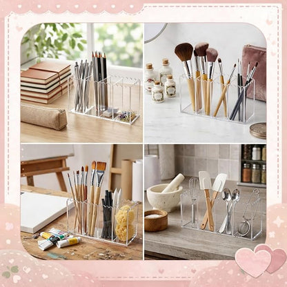 Scalloped Acrylic Pencil Holder for Desk, Clear Pen Organizer with 4 Compartments, Marker Makeup Brush Holder Remote Caddy for Home, Office, Bathroom, Classroom, Table