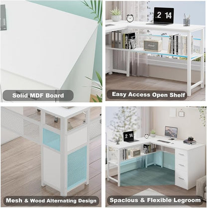 LVB White L Shaped Corner Desk with Drawers, Reversible Modern L-Shaped Computer Desk with Storage Cabinet Shelves, Large Wood Metal L Shape Home Office Desk for Work Study Writing Gaming, 59 Inch