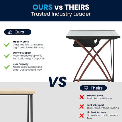 Flash Furniture Jude Tempered Glass Computer Desk with Pull-Out Keyboard Tray and Crisscross Frame, Small Computer Desk for Home Office, Cherry/Clear
