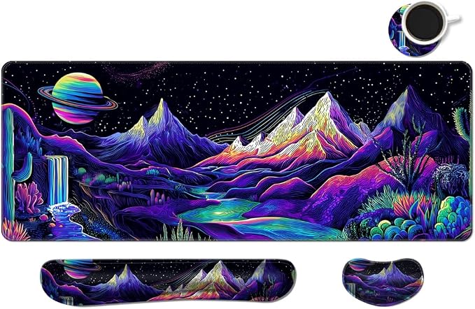Desk Mat, Large Gaming Mouse Pad with Wrist Rest, 4 in1 XXL Mouse pad+Keyboard Wrist Rest+Mouse Pad Wrist Support+Cup Coaster Set, Ergonomic Desk Pad for Home Office, Neon Landscape