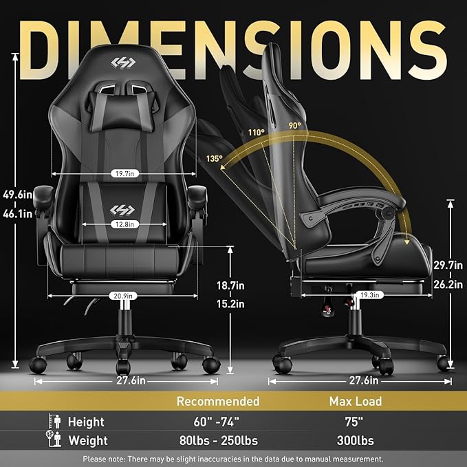 HLDIRECT Gaming Chair, Ergonomic Computer Office Chair with Lumbar Support Footrest Headrest, Adjustable Height & Backrest Angle Video Gamer Chair, PU Leather, 360° Swivel, Adult (Black&Grey)