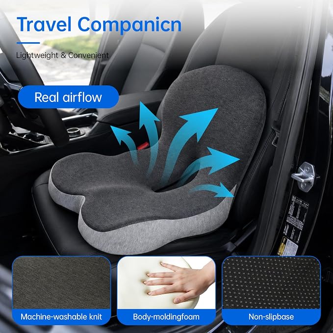 Memory Foam Seat Cushion with Lumbar Back Support, L-Shaped Ergonomic Chair Cushion for Office Chair, Car, Wheelchair, Gaming Seat, Non-Slip Washable Cover, Coccyx Support Pillow