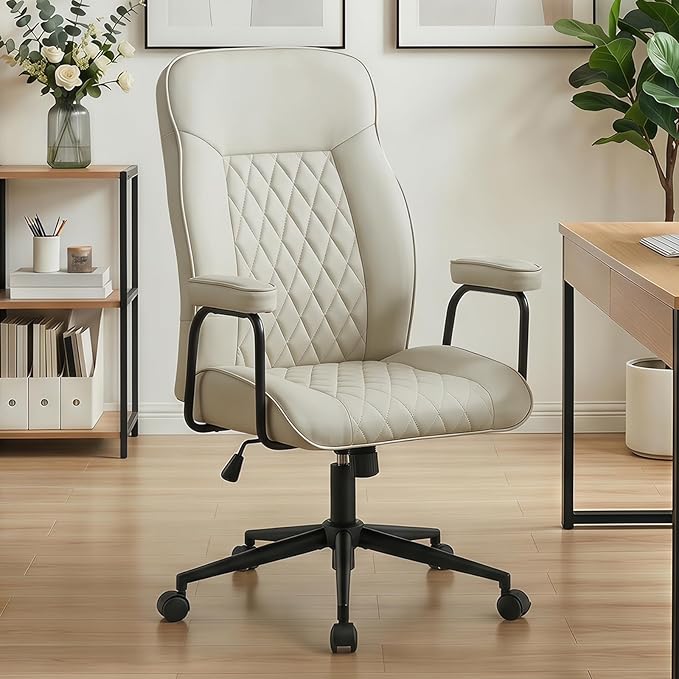 Furniliving Leather Office Chair, Comfy Home Office Desk Chair, Mid Century Modern Office Chair with Lumbar Support, Mid-Back Adjustable Swivel Computer Chair with Wheels and Arms, Light Grey