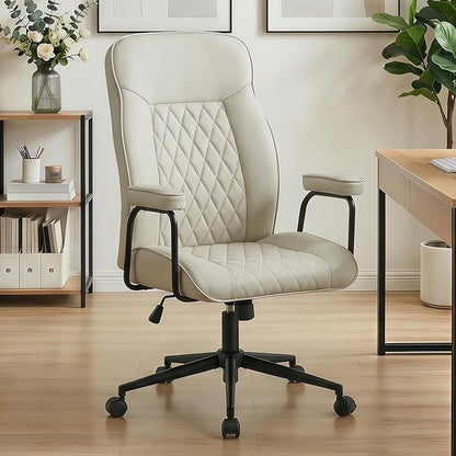 Furniliving Leather Office Chair, Comfy Home Office Desk Chair, Mid Century Modern Office Chair with Lumbar Support, Mid-Back Adjustable Swivel Computer Chair with Wheels and Arms, Light Grey