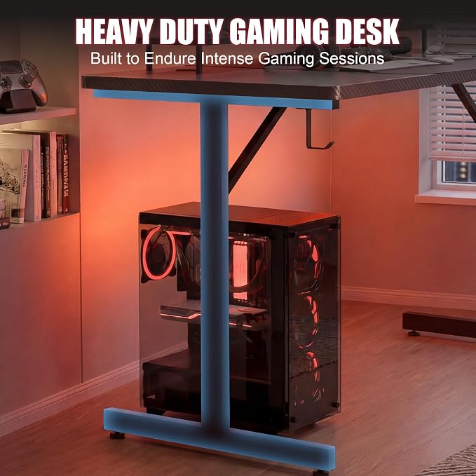 GTPLAYER Gaming Desk 55 Inch with LED Lights, Large Computer Desk with Mouse Pad for Home Office, T-Shaped Carbon Fibre Surface PC Game Workstations with Headphone Hook