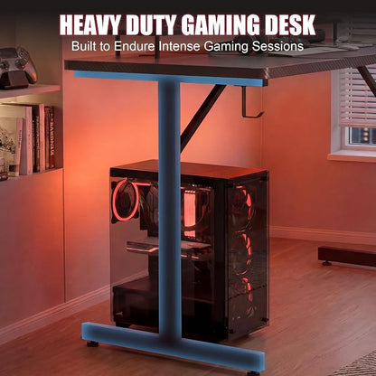 GTPLAYER Gaming Desk 55 Inch with LED Lights, Large Computer Desk with Mouse Pad for Home Office, T-Shaped Carbon Fibre Surface PC Game Workstations with Headphone Hook