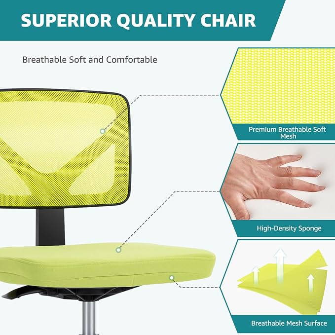 OLIXIS Armless Office Chair, Ergonomic Desk Chair with Wheels, Mesh Back, Removable Washable Foam Cushion, Height Adjustable Rolling Swivel Chairs for Small Space, Home, Office, Green