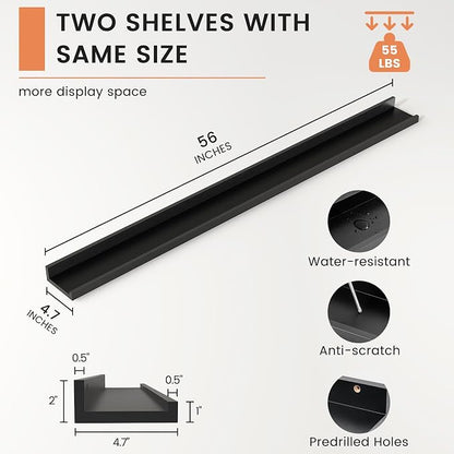 FLYJOE Picture Ledge Shelf, Floating Shelves Set of 2, 56 Inches Long Large Nursery Book Shelves for Toys Storage, Kids Bookshelf Wall Mounted for Living Room Bedroom Decor Books Photo Frames, Black