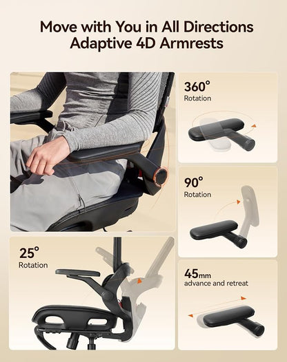 SIHOO B100 PRO Ergonomic Office Chair with Footrest, Mesh Office Chair with Adaptive Lumbar Support, Computer Chair with Wide Headrest, Desk Chair with 360° Rotatable Flip-Up Armrests, Jet Black