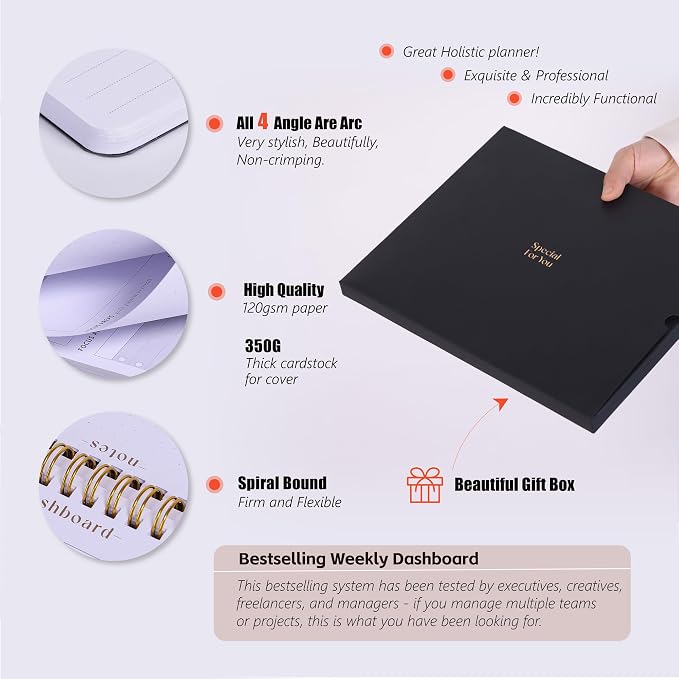 Weekly Desk Planner Monday Start - Dashboard Desk Pad Ideal for Project Manager, Business Owner, Freelancer, and Multitaskers to Achieve Goals - Spiral Productivity Journal