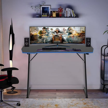 BestOffice Gmaing Desk Z Shaped 47 inch Gaming Workstation Ergonomic Gaming Table PC Computer Desk with Headphone Hook for Game Players, Blue