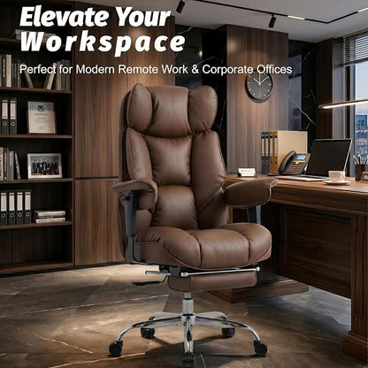 Efomao Executive Office Chair 400lbs,Brown Big and Tall Desk Chair | Mattress-grade pocket spring cushion, sleek leather, 135° recline & footrest for computer gaming setup.