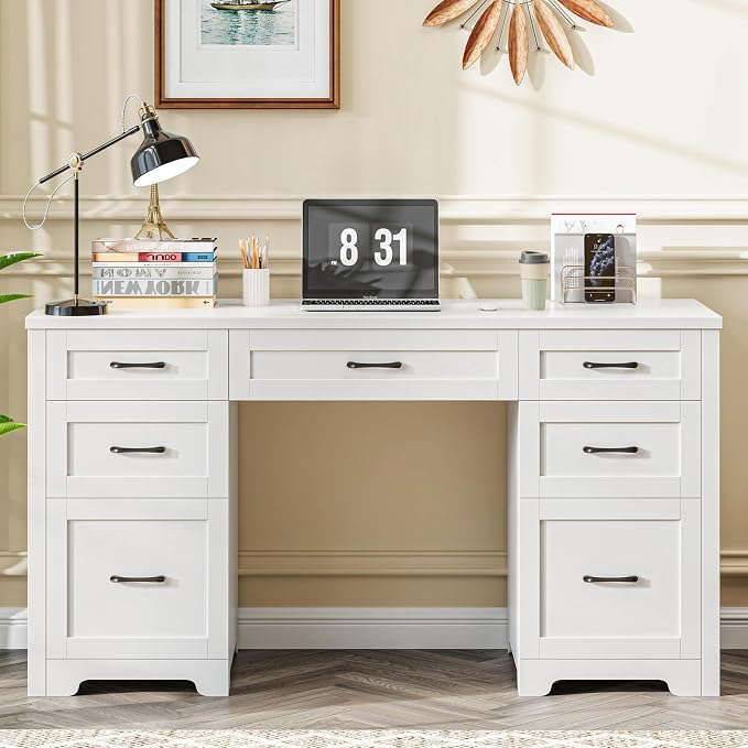 Vabches Farmhouse 61'' Executive Desk with 7 Drawers, Rustic Office Desk Computer Table with File Drawers, Wood Workstation for Study and Home Office, Cream White
