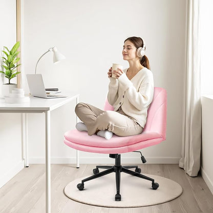 Orange Factory Criss Cross Chair with Wheels Comfy Wide Vanity Desk Chair Dual Base Leather Armless Adjustable Swivel for Home Computer Task (Pink Pu, Faux Leather)