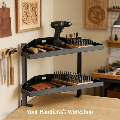 CanKing Corner Desk Clamp Shelf 16 Inch 2 Tier Adjustable Storage Rack | Sturdy metal organizer saves space, fits securely on or under corner of table for office, gaming & cubicle