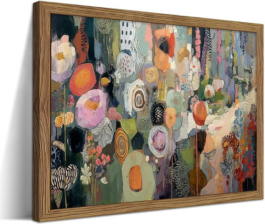 Framed Vintage Colorful Flower Canvas Wall Art, Abstract Floral Graffiti Poster Prints, Modern Boho Botanical Artwork, Elegant Nature Wall Decor for Living Room Bedroom Office 12x16in