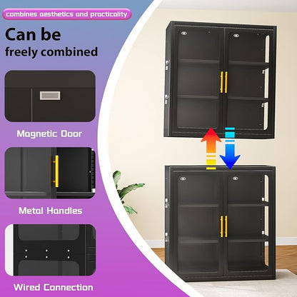 PAOFIN 67" Display Cabinet with Glass Doors, 4-Tier Curio Cabinet with Many Color Lights for Collectibles, Glass Display Case, Bookcase with 4 Shelves, Storage Cabinets, Black