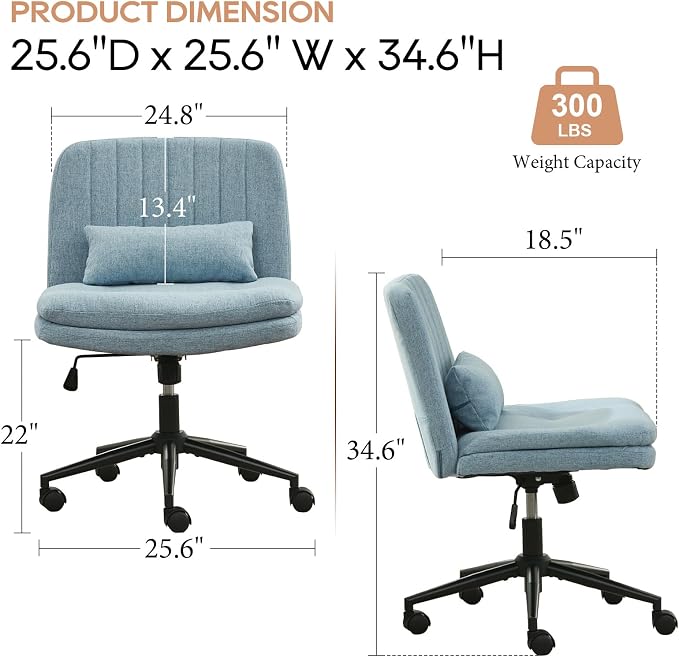 IPKIG Criss Cross Chair, Small Armless Desk Office Computer Chair with Wheels and Lumbar Pillow, Comfy Adjustable Swivel Task Vanity Chair Linen, Light Blue