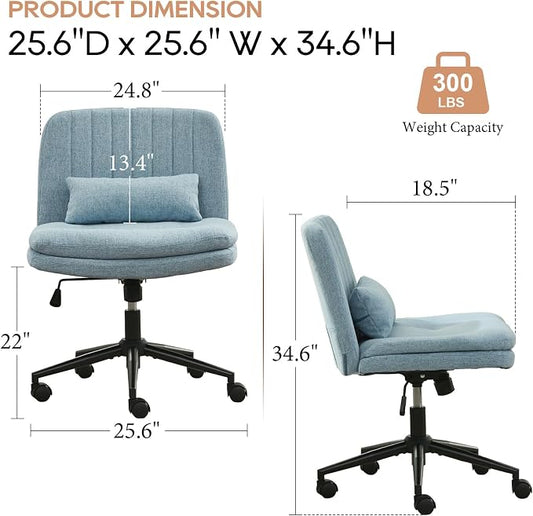 IPKIG Criss Cross Chair, Small Armless Desk Office Computer Chair with Wheels and Lumbar Pillow, Comfy Adjustable Swivel Task Vanity Chair Linen, Light Blue