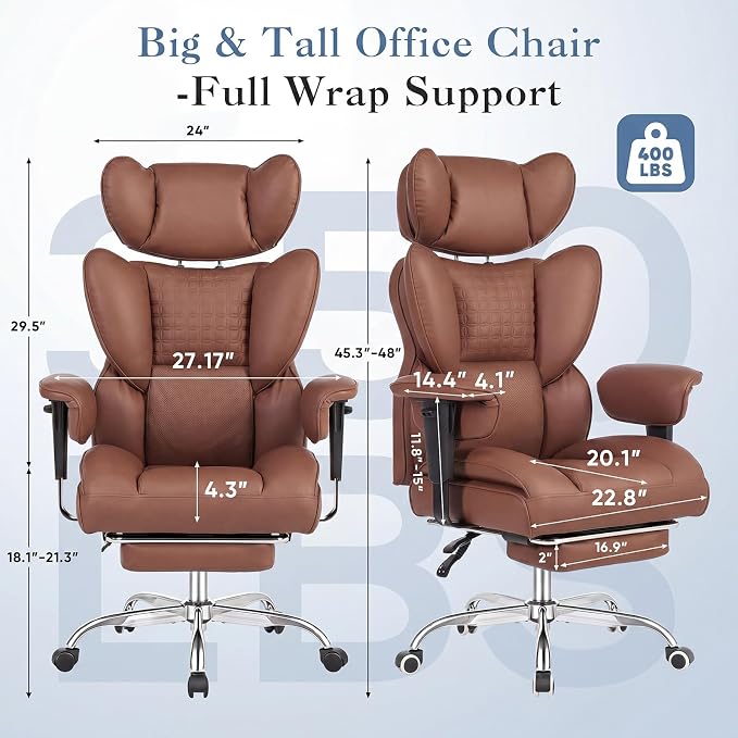 DUMOS Big and Tall Home Office Desk Chair, Ergonomic Executive Chair with Footrest, Computer Gaming Chairs with High Back Reclining, Adjustable Armrests and Comfy Lumbar Support, PU Leather, Brown