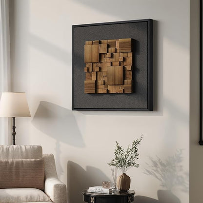 Framed 3D Textured Wood Abstract Wall Art Decor for Living Room, Modern Square Geometric Wooden Artwork for Walls, Minimalist Black Sandstone Wall Decor for Hallway, Kitchen, Bedroom, Office, 20x20