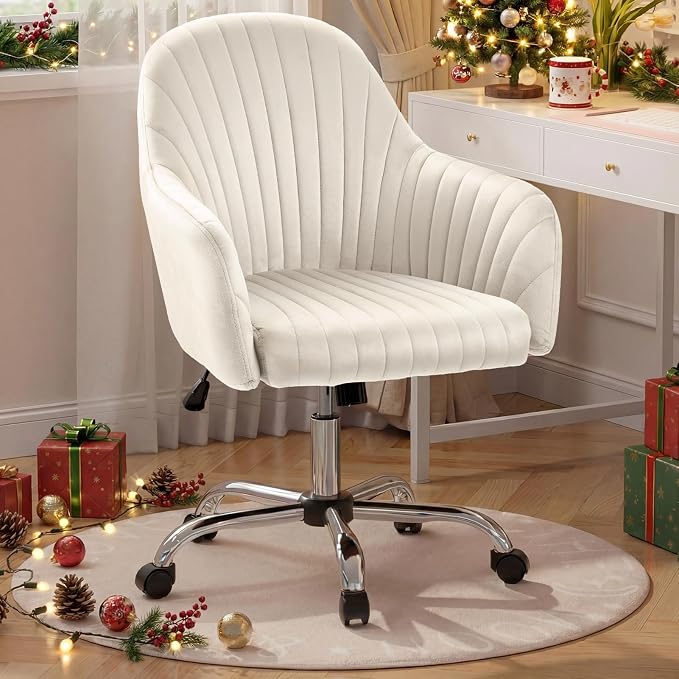 Warmiehomy Velvet Desk Chair for Home Office, Modern Adjustable Swivel Task Chair, Women Vanity Chairs with Arm Rest for Bedroom Dressing Room, Cozy Beige