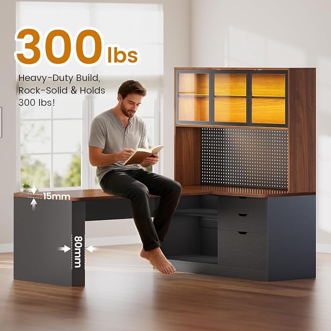 SEDETA L Shaped Office Desk, Computer Desk with 3 Wood Drawer and Large Bookshelf, L Shaped Corner Gaming Desk with LED Light, Display Cabinet and Pegboard, 27.5" W Large Desktop Table, Brown