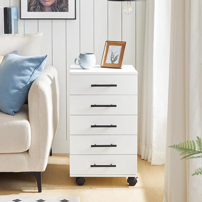 HOOBRO 5-Drawer File Cabinet, Office Filing Cabinet with Drawers, Wooden Mobile Storage Cabinet with Wheels, for Makeup, Home Office, Easy Assembly, White WT05WJ01G1