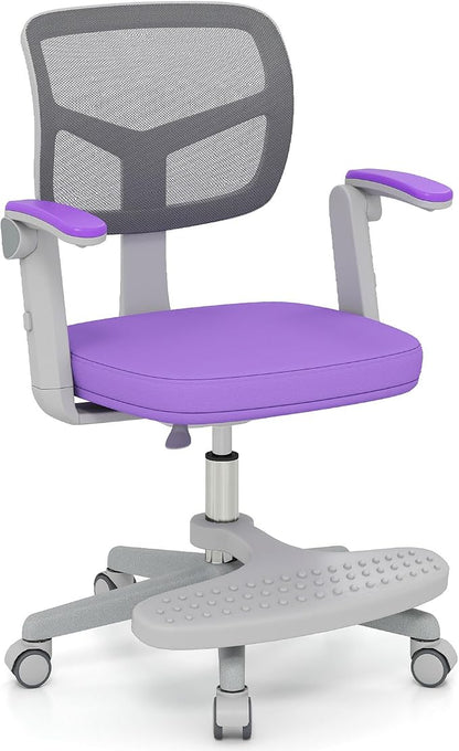 Giantex Kids Desk Chair, Ergonomic Adjustable Student Rolling Chair with Footrest & Flip-up Armrest, Mesh Children Office Chair with Universal Wheels, Kids Computer Chair for Boys & Girls, Purple