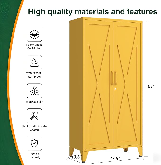 61" Metal Pantry Cabinet with Lock and 3-Tier Adjustable Shelves, Freestanding Heavy Duty Storage Cabinet Locker for Kitchen, Home Office, Garage Yellow