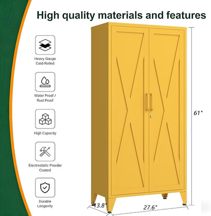61" Metal Pantry Cabinet with Lock and 3-Tier Adjustable Shelves, Freestanding Heavy Duty Storage Cabinet Locker for Kitchen, Home Office, Garage Yellow