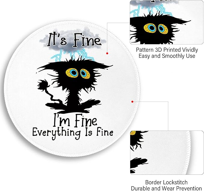 Black Cat Round Mouse Pad, Funny Small Mouse Pad with Non-Slip Rubber Base, Stitched Edge Mousepad for Desk Wireless Mouse, Gaming Mouse Mat for Computer Laptop Home Office Women, 8.6 x 8.6 Inch
