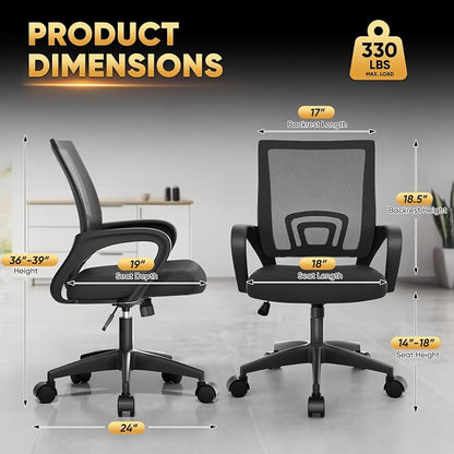 Magshion Ergonomic Office Desk Chair, Mid-Back Mesh Computer Chair, Swivel Chair with Breathable Backrest & Lumbar Support, Adjustable Height for Gaming, Work, Study, 300 Lbs Capacity, Black