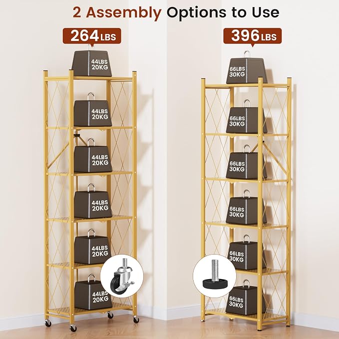 ALANNG 73.6 Inch Folding Bookshelf, 6 Tier Metal Bookcase and Bookshelves, Tall Shelves for Living Room Office Bedroom, Heavy Duty Book Shelve Free Standing Open (Gold, 1PACK)