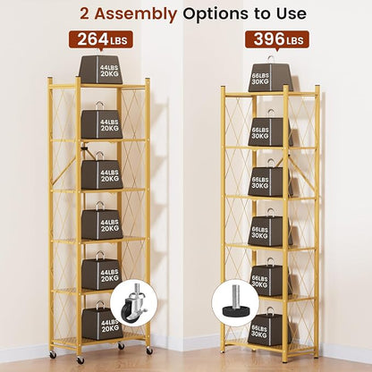 ALANNG 73.6 Inch Folding Bookshelf, 6 Tier Metal Bookcase and Bookshelves, Tall Shelves for Living Room Office Bedroom, Heavy Duty Book Shelve Free Standing Open (Gold, 1PACK)