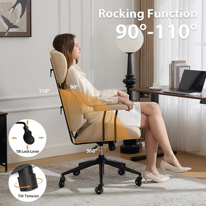 E-Motie Ergonomic Leather Office Chair, Computer Desk Chair, Beige | Adjustable Headrest, 360° Swivel & Rolling Wheels, Lumbar Support, Padded Arms, High Back, for Long Hours Sitting