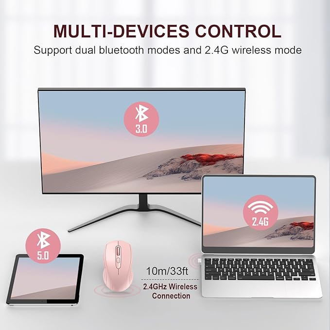 TECKNET Bluetooth Mouse (BT 5.0/3.0+2.4Ghz), 6-Level 4000 DPI Wireless Mice for Laptop, 2-in-1 Ergonomic Computer Portable PC Mouse, Silent Mouse with USB Receiver for Windows/Mac/PC/Notebook-Pink