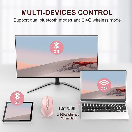 TECKNET Bluetooth Mouse (BT 5.0/3.0+2.4Ghz), 6-Level 4000 DPI Wireless Mice for Laptop, 2-in-1 Ergonomic Computer Portable PC Mouse, Silent Mouse with USB Receiver for Windows/Mac/PC/Notebook-Pink