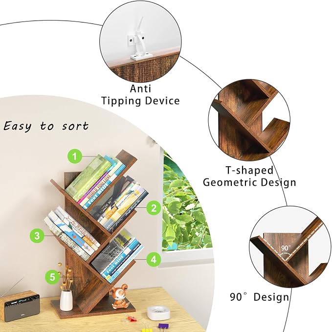 SHEEPAM 5 Tier Tree Book Shelf, Small Desktop Bookshelf with Storage Organizer, Wood Bookcase, Desk Display Bookshelves, Floor Standing Organizer Bookcases for Living Room,Bedroom,Office-Brown