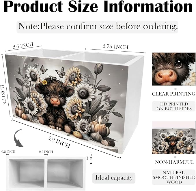 Sunflower Black Highland Cow Pen Holder for Desk, Highland Cow Gifts Wooden Box Sign Desk Decor for Home Office Decoration, Farmhouse Butterfly Floral Heifer Pencil Organizer