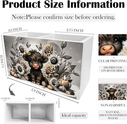 Sunflower Black Highland Cow Pen Holder for Desk, Highland Cow Gifts Wooden Box Sign Desk Decor for Home Office Decoration, Farmhouse Butterfly Floral Heifer Pencil Organizer