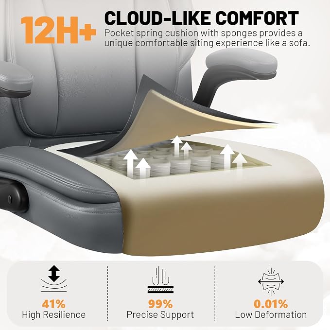 BestGlory Ergonomic Office Chair, PU Leather Executive Desk Chair with Adjustable Headrest, Flip-Up Arms and Lumbar Support, High Back Computer Chair for Home Office, Remote Work, Gaming, Grey