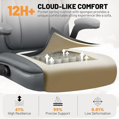 BestGlory Ergonomic Office Chair, PU Leather Executive Desk Chair with Adjustable Headrest, Flip-Up Arms and Lumbar Support, High Back Computer Chair for Home Office, Remote Work, Gaming, Grey