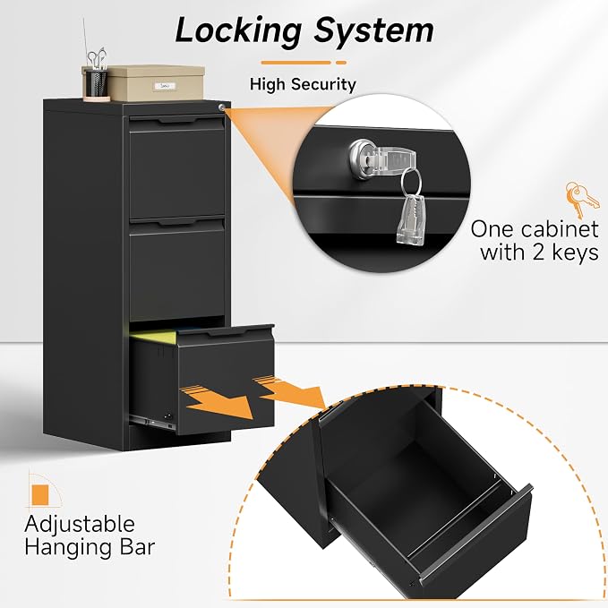 Bestoo 3 Drawer File Cabinet with Lock, Filing Cabinets, Metal Vertical Filing Cabinets for Home Office, File Storage Cabinet for Letter/Legal/A4/F4 Size File, Easy Assembly