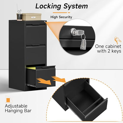 Bestoo 3 Drawer File Cabinet with Lock, Filing Cabinets, Metal Vertical Filing Cabinets for Home Office, File Storage Cabinet for Letter/Legal/A4/F4 Size File, Easy Assembly