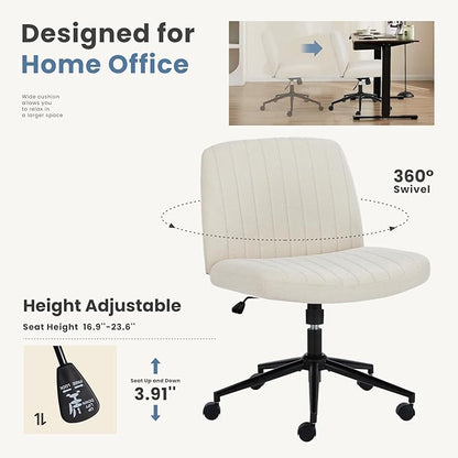 DUMOS Criss Cross Chair with Wheels, Wide Cross Legged Office Desk Vanity Chairs, Armless Height Adjustable Swivel Chairs for Home Computer Task, Fabric, Beige Wheel