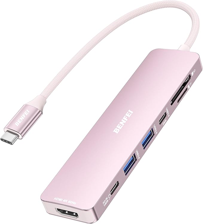 BENFEI 7-in-1 USB C Hub with HDMI(4K@60Hz), 2 USB-A, 1 USB-C Data, 100W Charge, SD/TF Card Reader, Silicone Tangle-Free Cable Compatible with MacBook Pro/Air, iPad Pro, iMac, iPhone 15 Pro/Pro Max